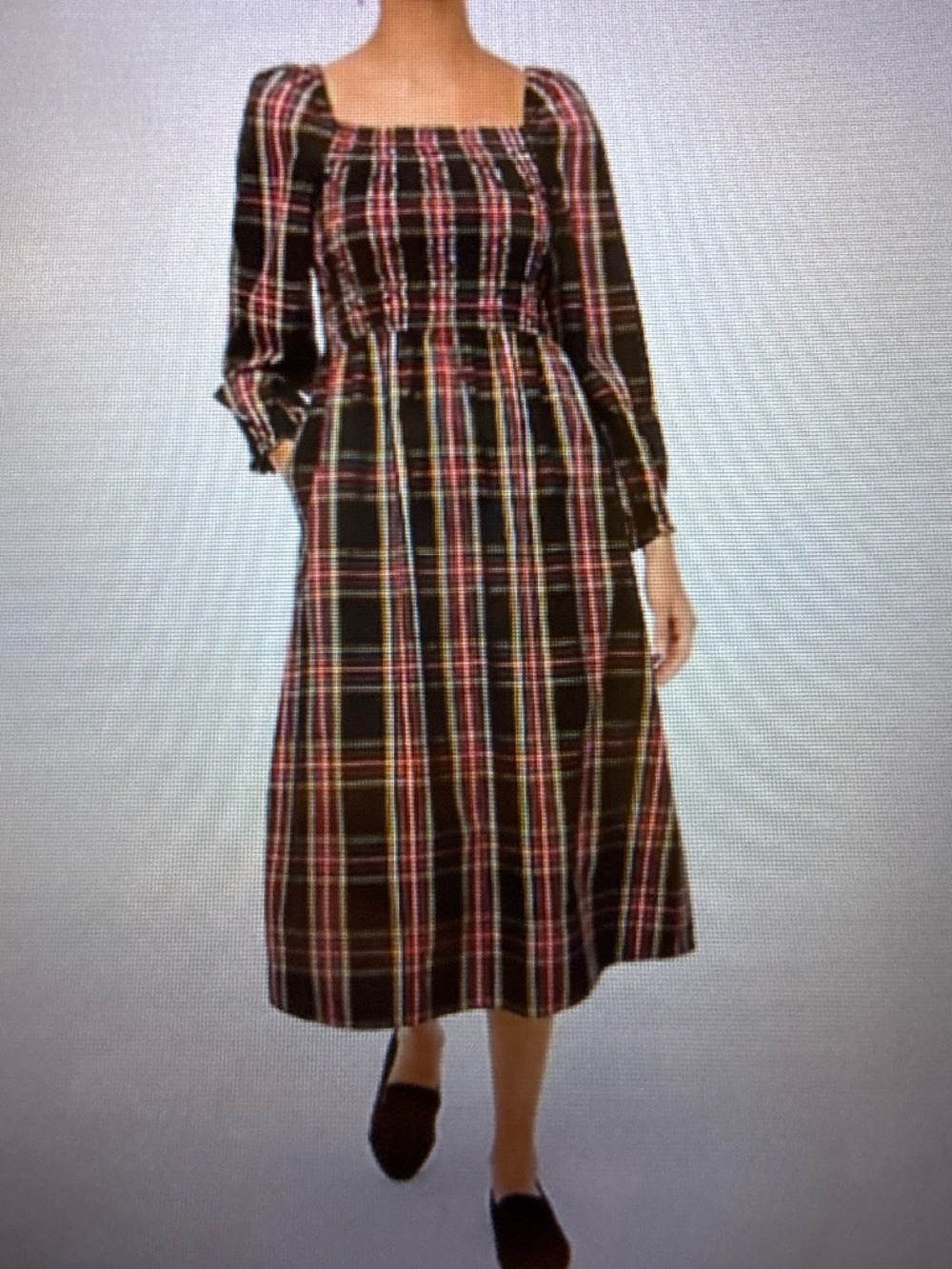 J Crew Smocked Plaid Puff Sleeve Midi Dress
